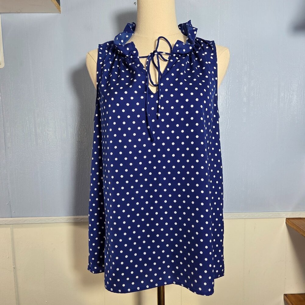 J. Crew 8 Blue White Polka Dot Sleeveless Ruffle Collar Keyhole Front Blouse